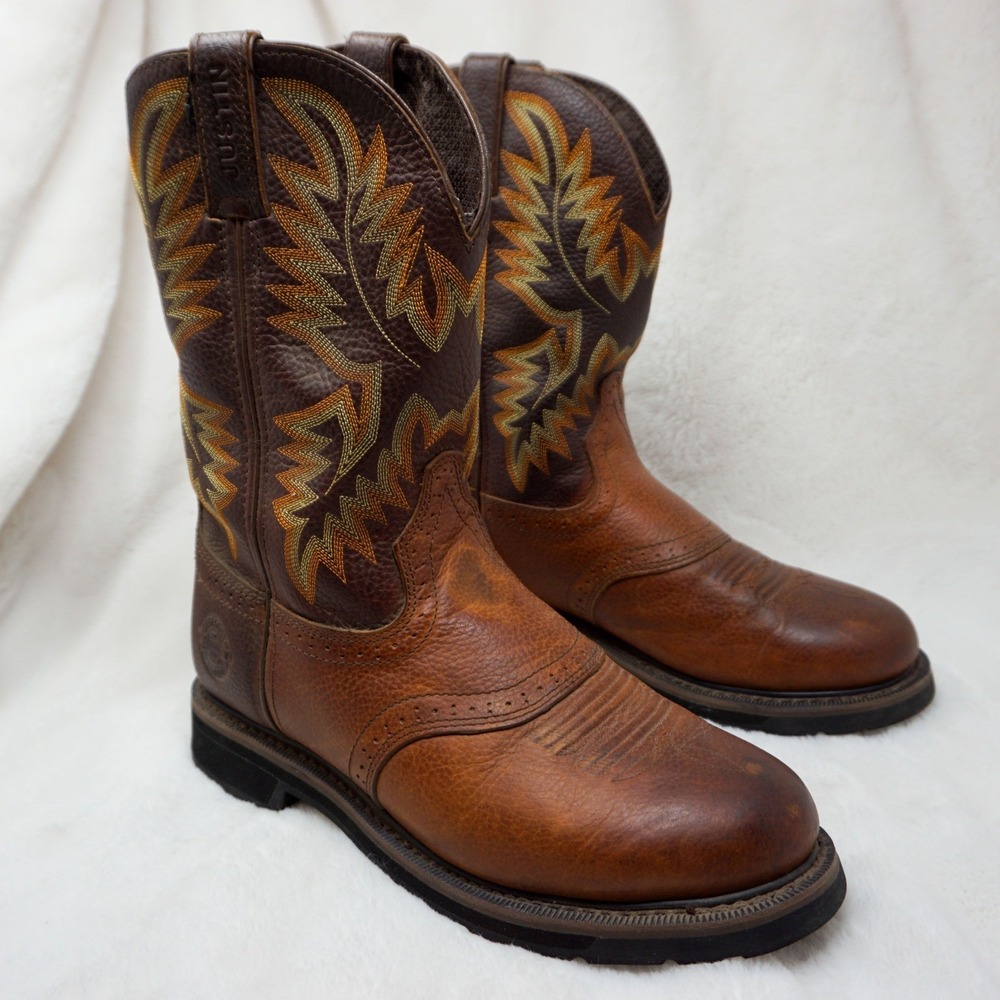 Justin Work Boots Men 9D Brown WK4655 Leather Stampeded Round Toe Western Cowboy